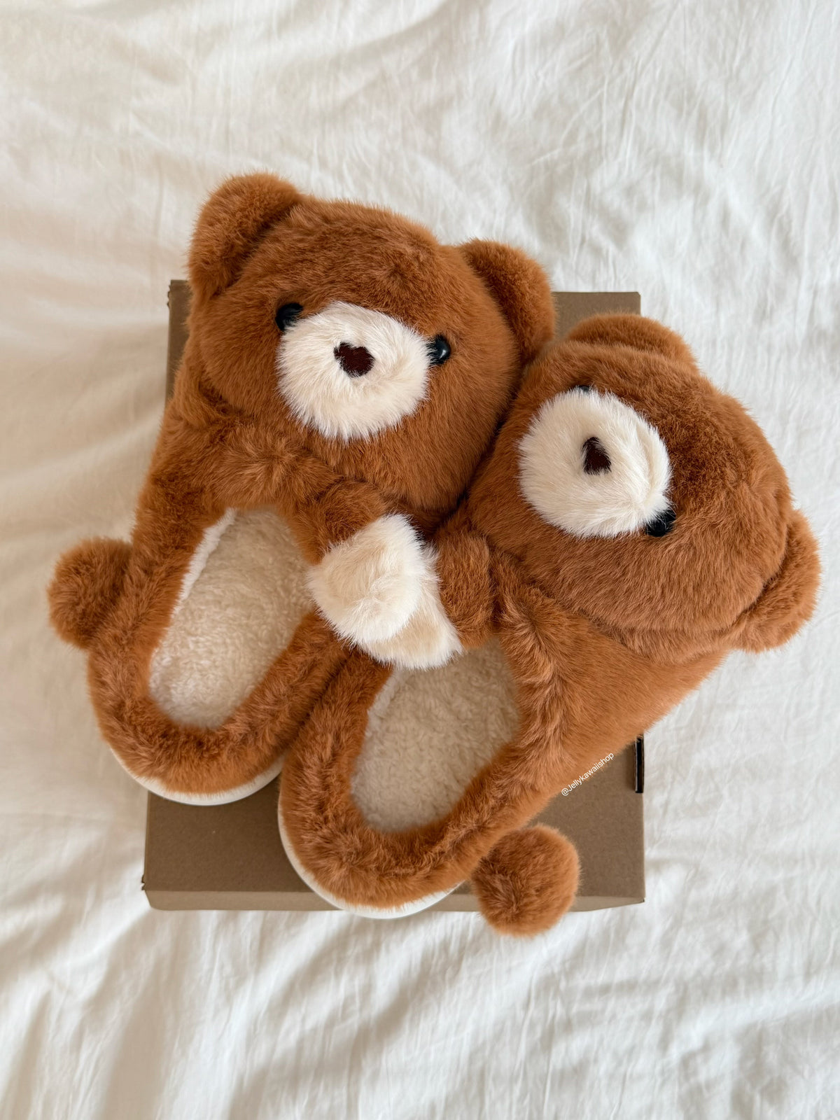 Girly Fuzzy Fluffy Brown Hugging Bear Plush Slippers