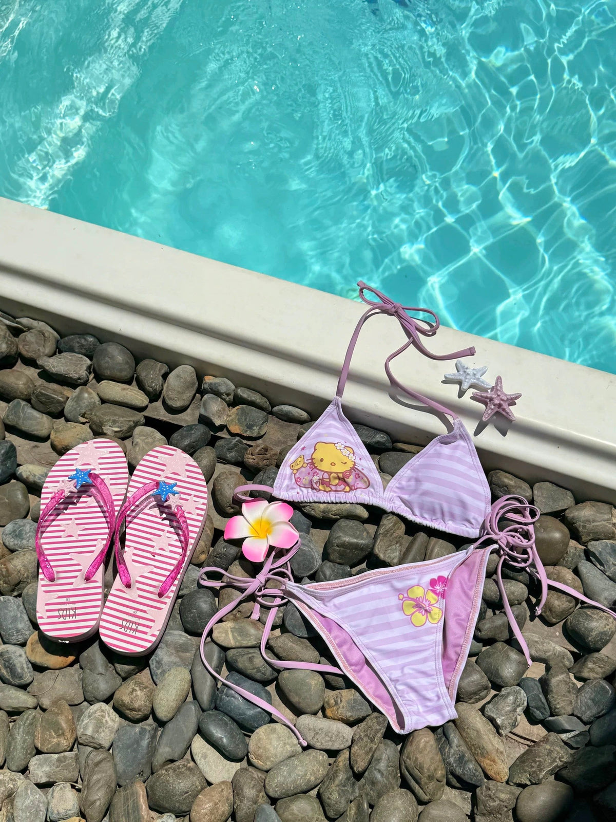 Hellokitty Pink Stripe Halter Tie Side Triangle Bikini Set high Cut 2 Piece Bikini Swimsuit Bathing Suit