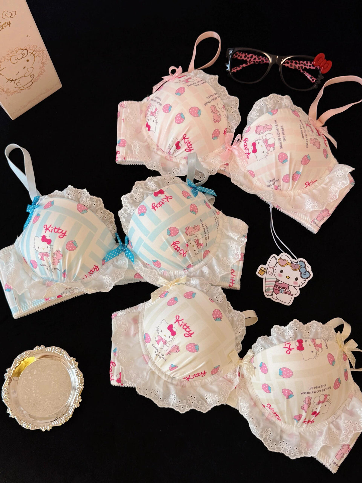 Strawberry Hellokitty Lace Trim Cotton Underwire Cute Push Up Strappy Lingerie Set Panty Bra