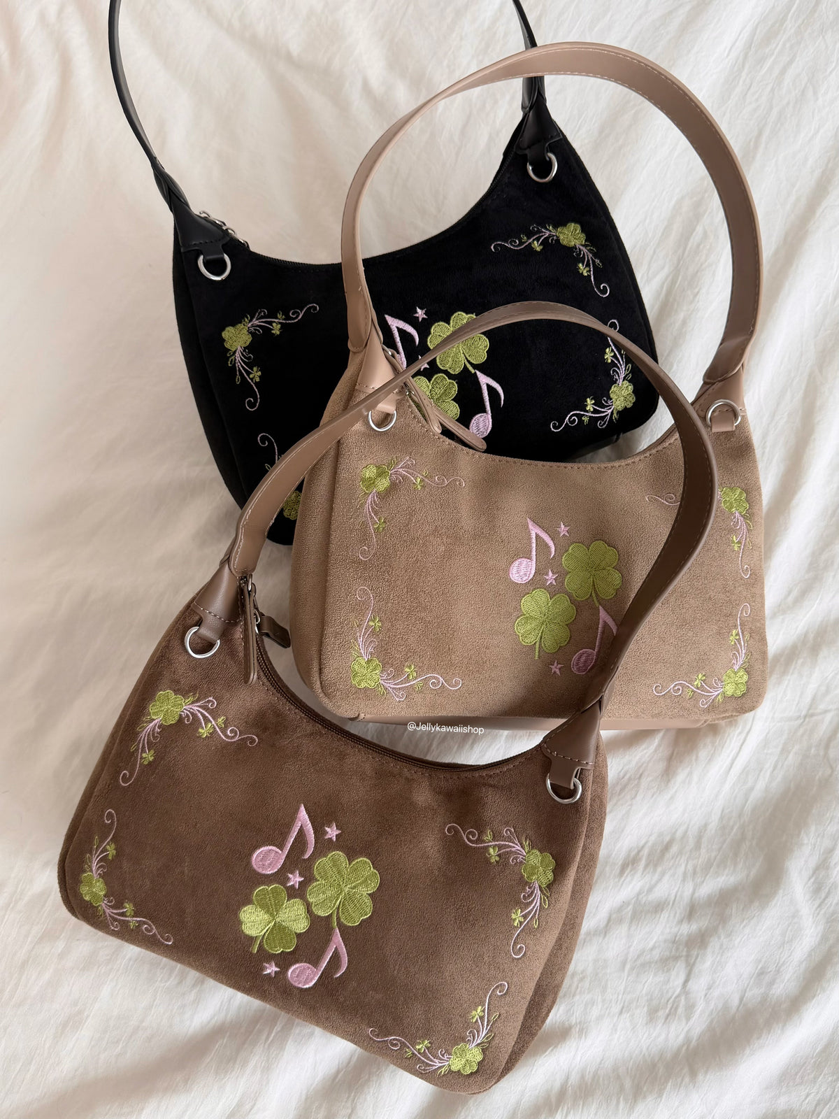 Four-Leaf Clover Music Note Suede Shoulder Tote Bag