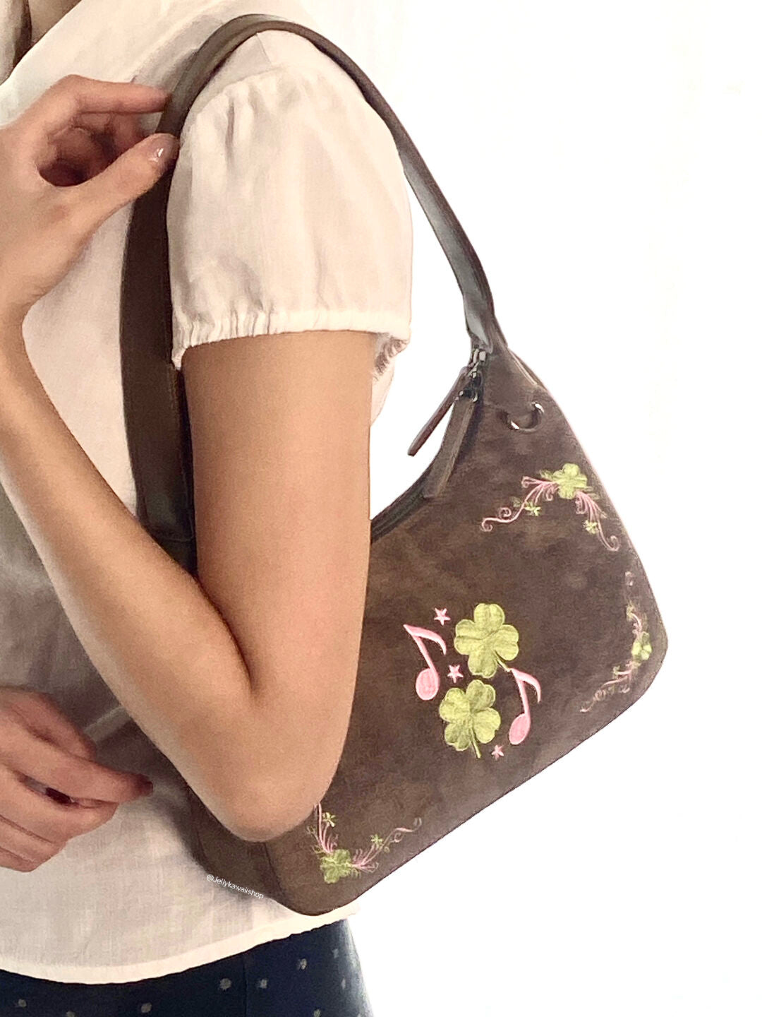Four-Leaf Clover Music Note Suede Shoulder Tote Bag