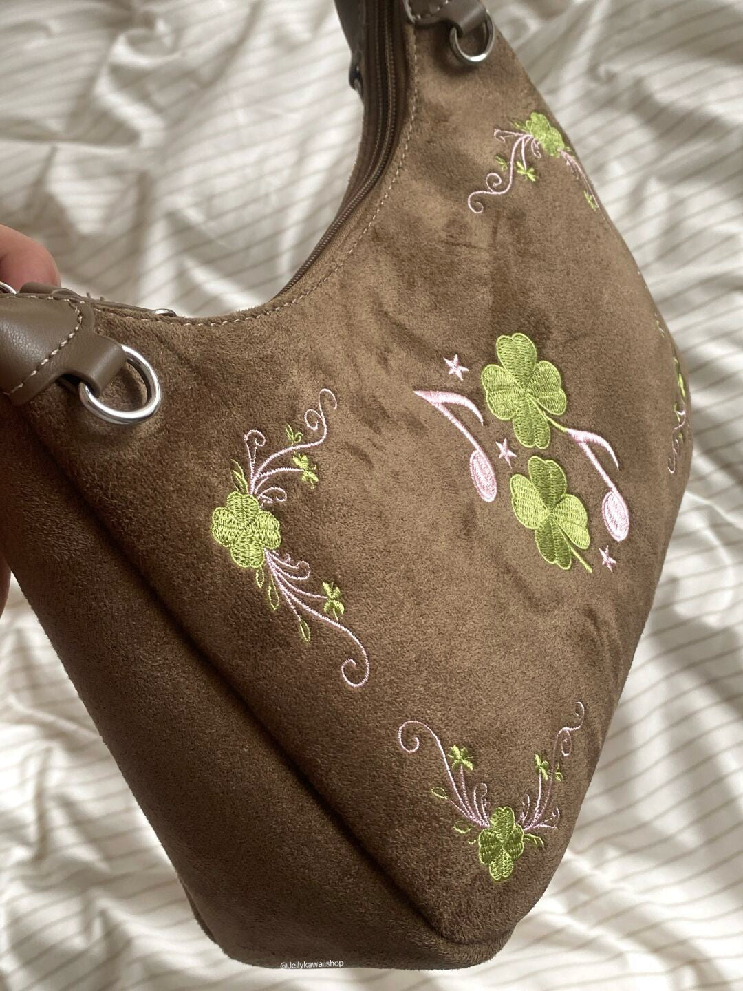 Four-Leaf Clover Music Note Suede Shoulder Tote Bag