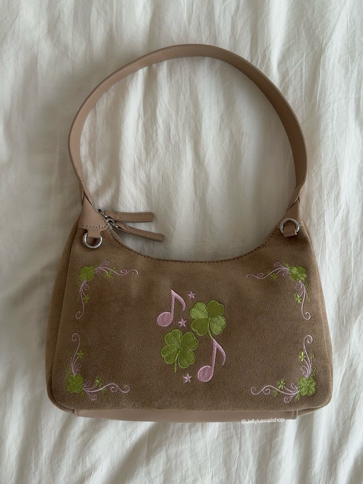 Four-Leaf Clover Music Note Suede Shoulder Tote Bag