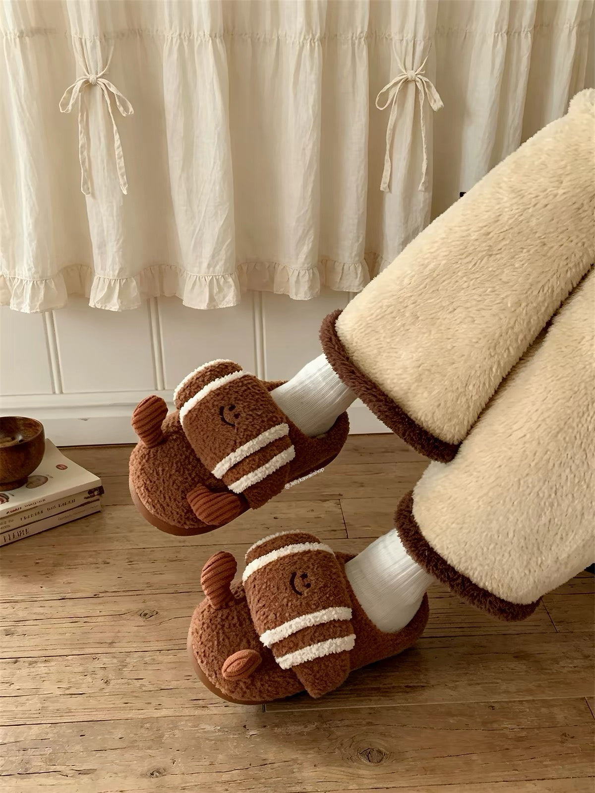Brown Croissant Plush Fuzzy Slippers
