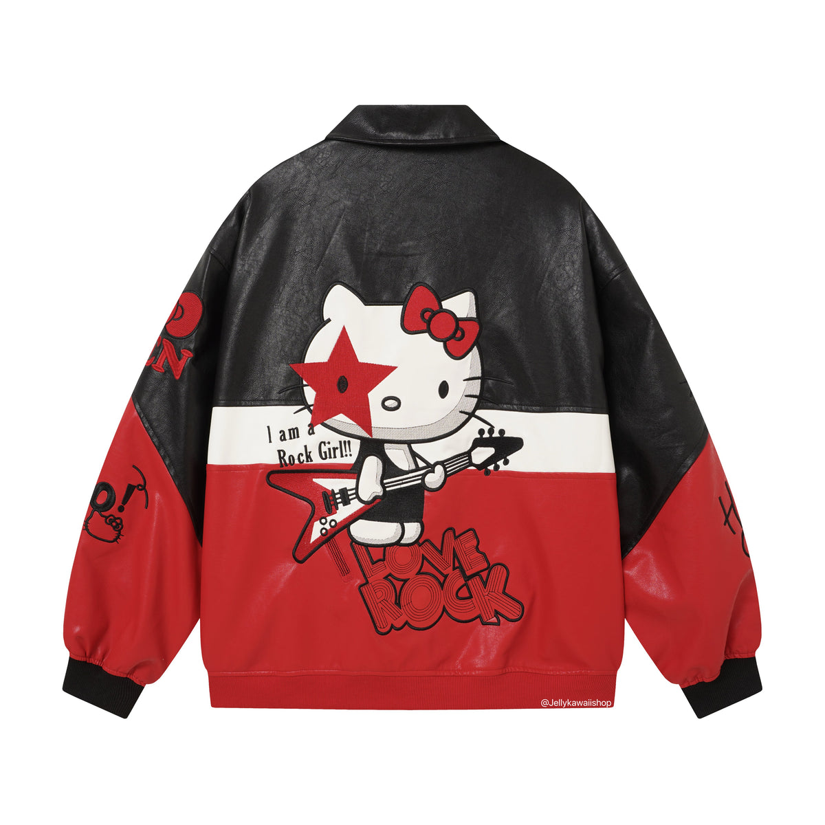 Hello Kitty Black and Red Leather Jacket Unisex Coats