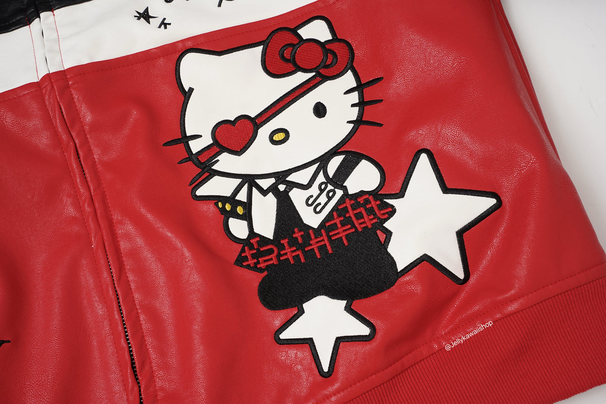 Hello Kitty Black and Red Leather Jacket Unisex Coats