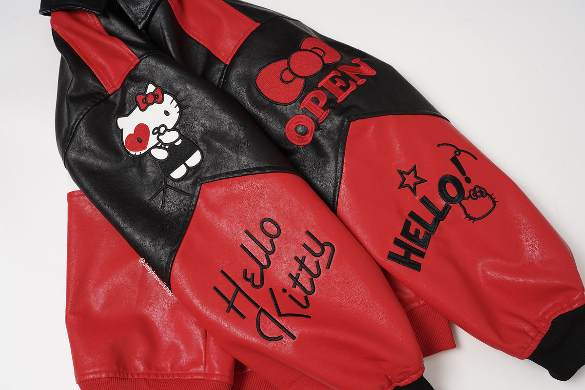 Hello Kitty Black and Red Leather Jacket Unisex Coats