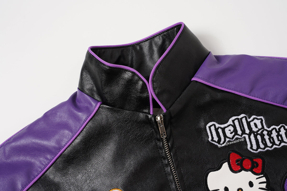 Hello Kitty Black and Purple Leather Jacket Unisex Coats