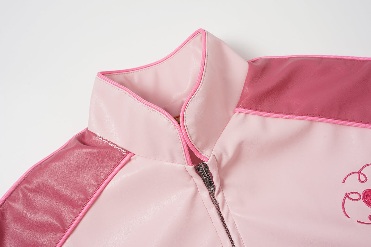 Hello Kitty Embroidered Pink Leather Jacket Unisex Coats
