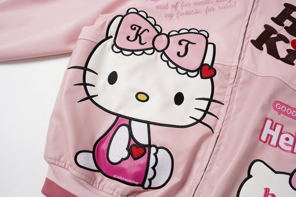 Hello Kitty Embroidered Pink Leather Jacket Unisex Coats