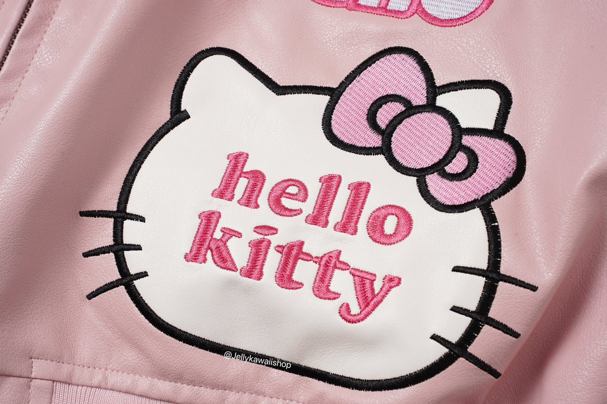 Hello Kitty Embroidered Pink Leather Jacket Unisex Coats