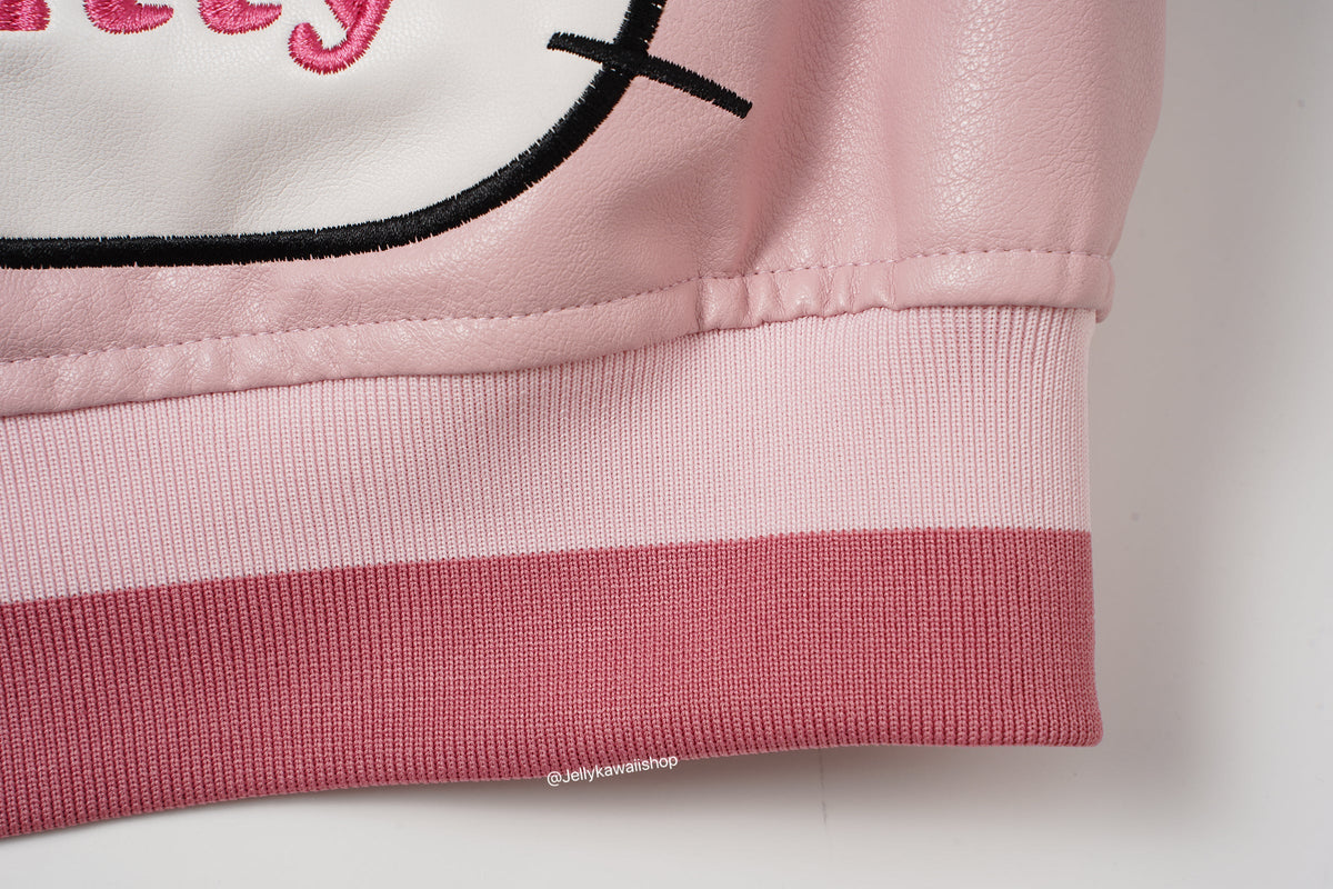 Hello Kitty Embroidered Pink Leather Jacket Unisex Coats