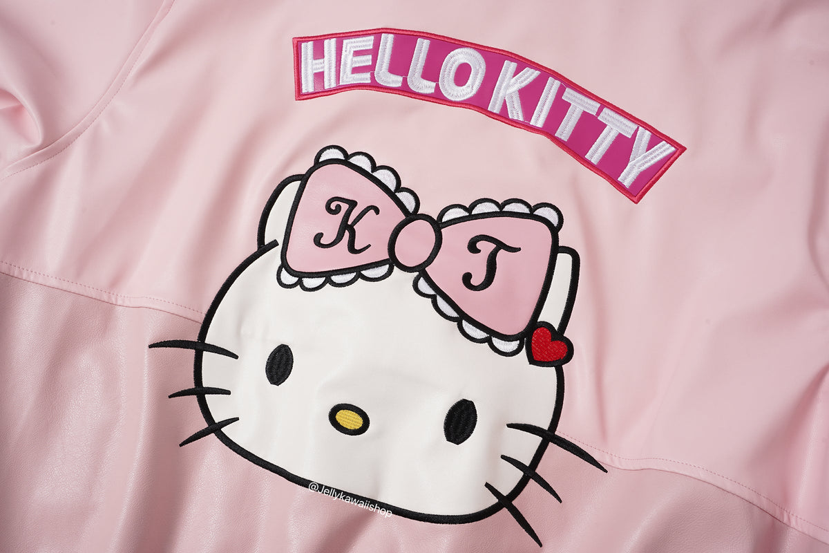 Hello Kitty Embroidered Pink Leather Jacket Unisex Coats