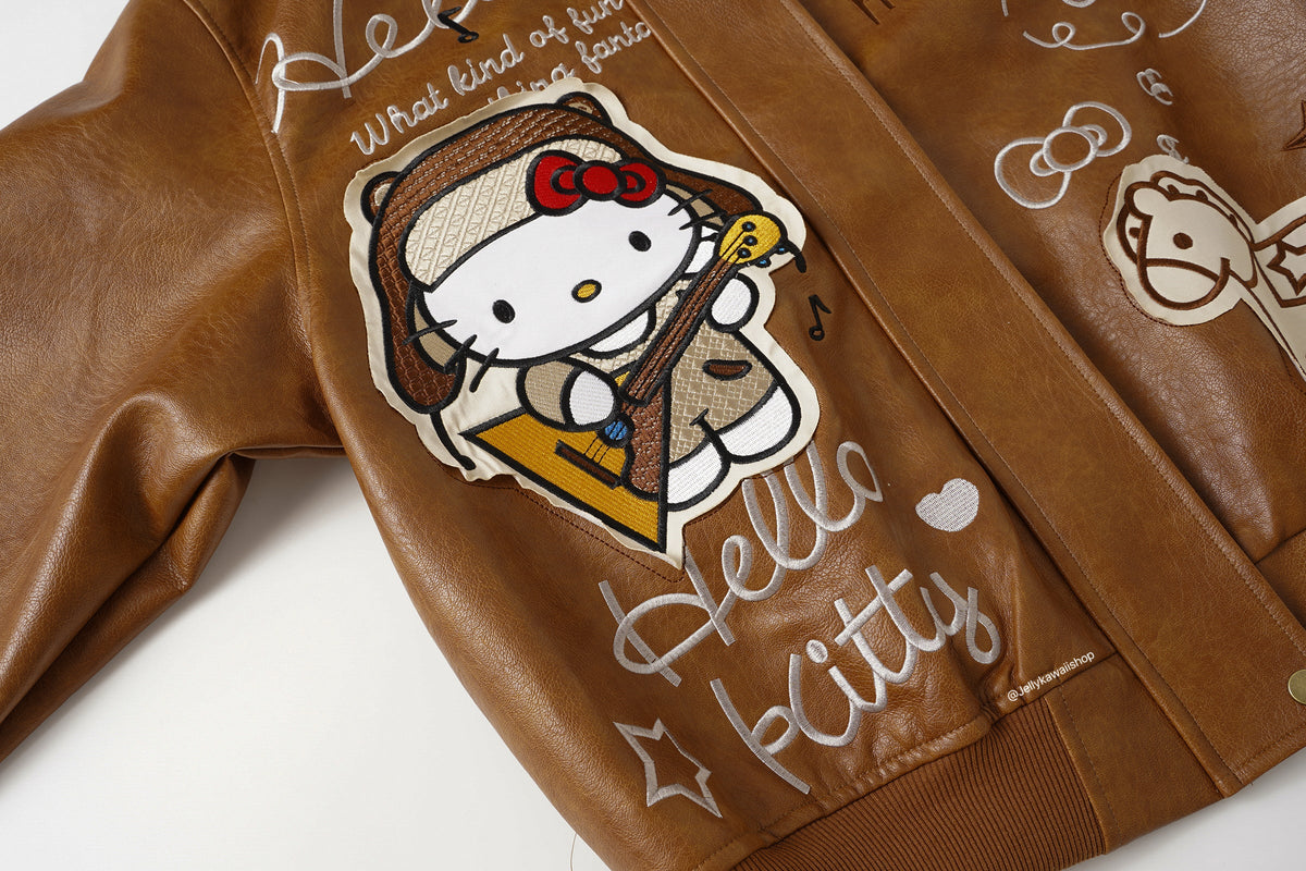 Hello Kitty Brown Leather Jacket Unisex Coats