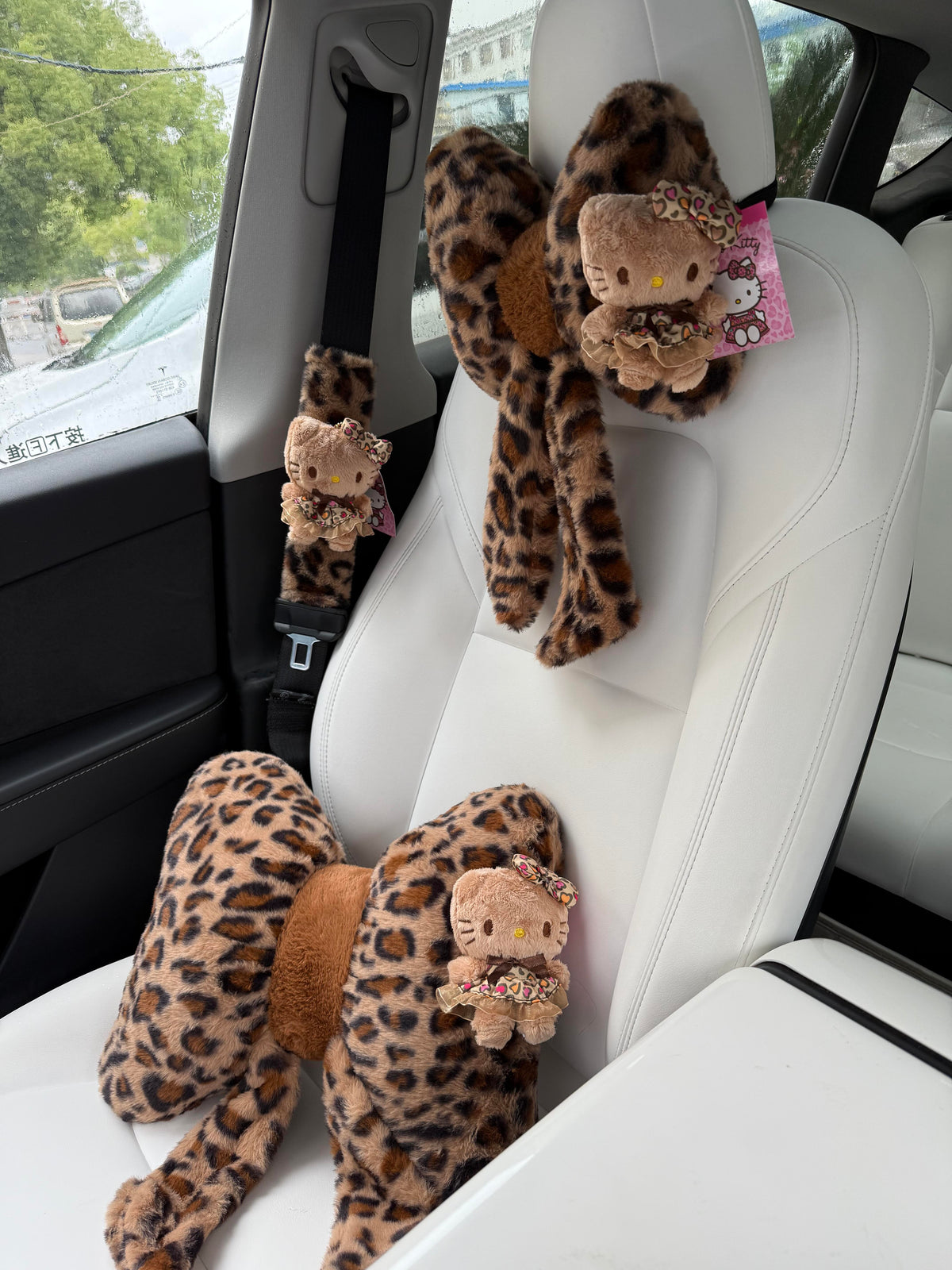 Hellokitty Leopard Print Car Seat Belt Pads/ Bow Car Headrest Pillow/ Car Seat Cushion