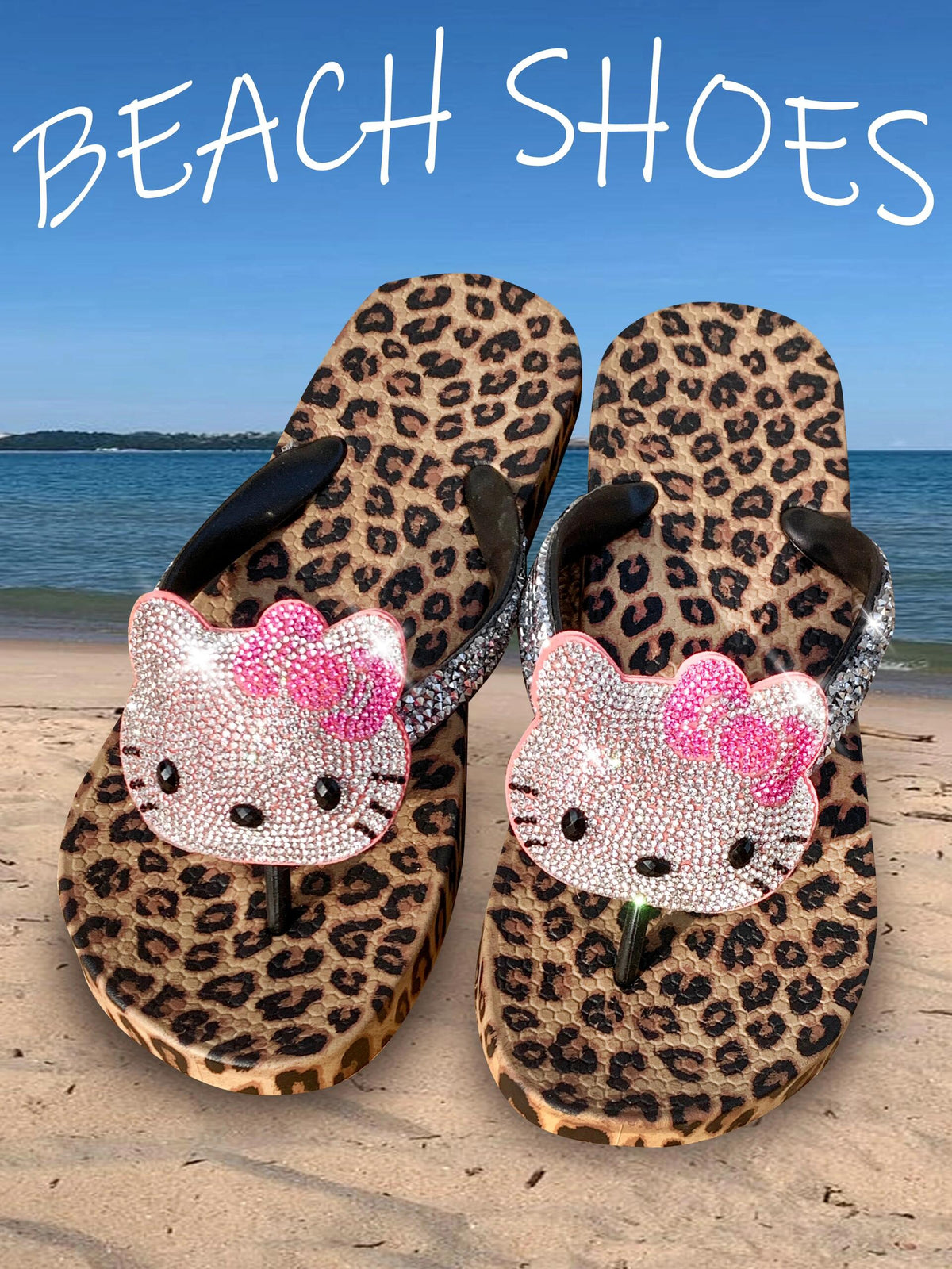 Hellokitty Handmade Rhinestone Leopard Print Women's Sandals Non-Slip Flip Flops