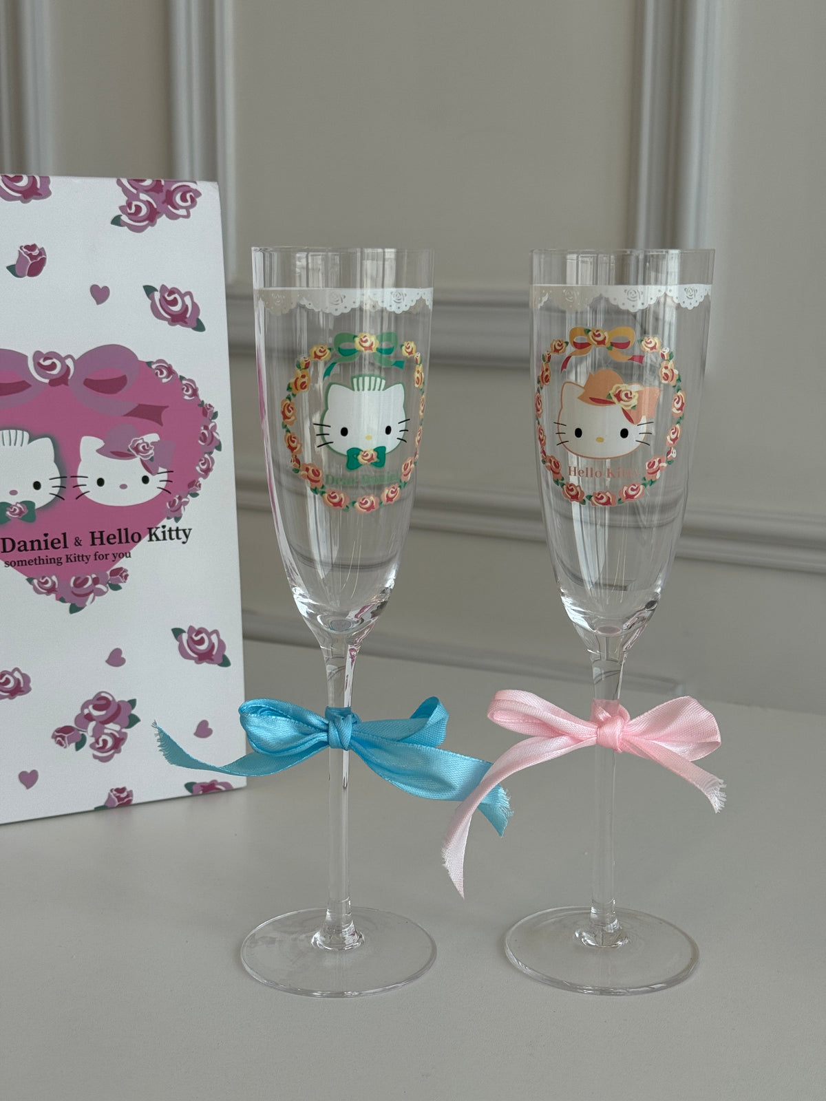 Dear Daniel & Hellokitty Champagne Flute Set His and Hers Wedding Toasting Glasses Tall Wine Glasses for Bride and Groom