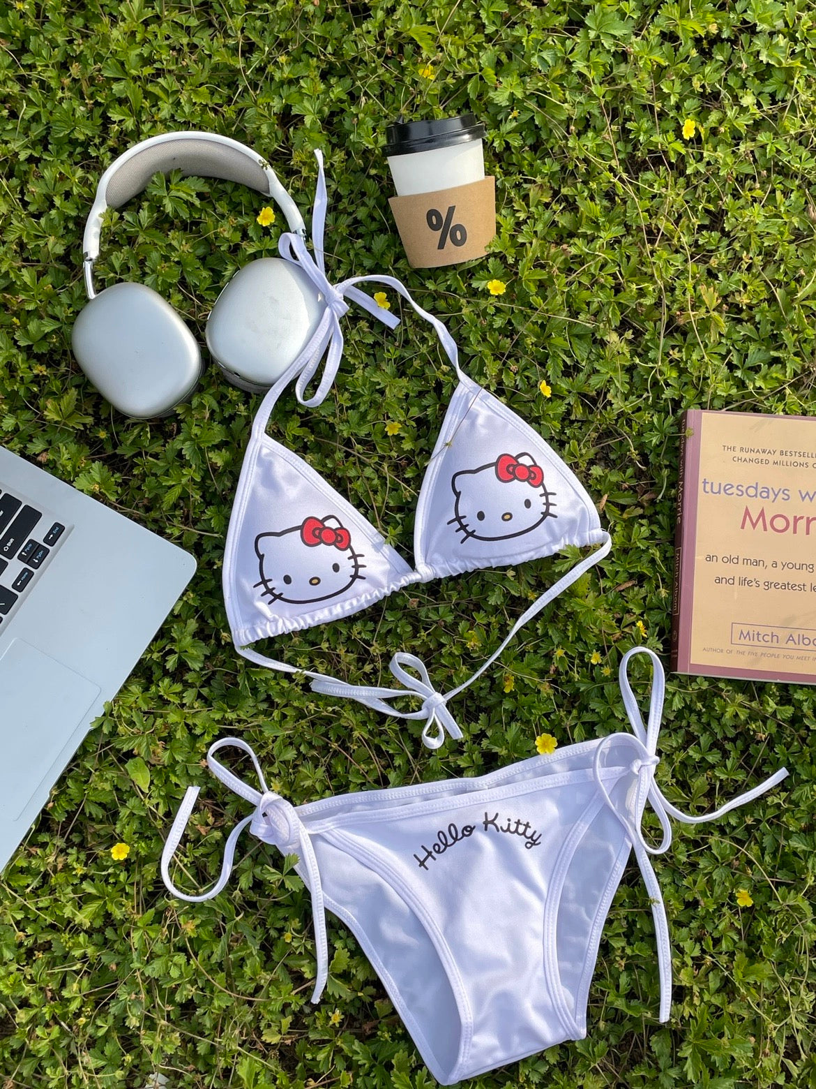 Hellokitty Halter Tie Side Triangle Bikini Set