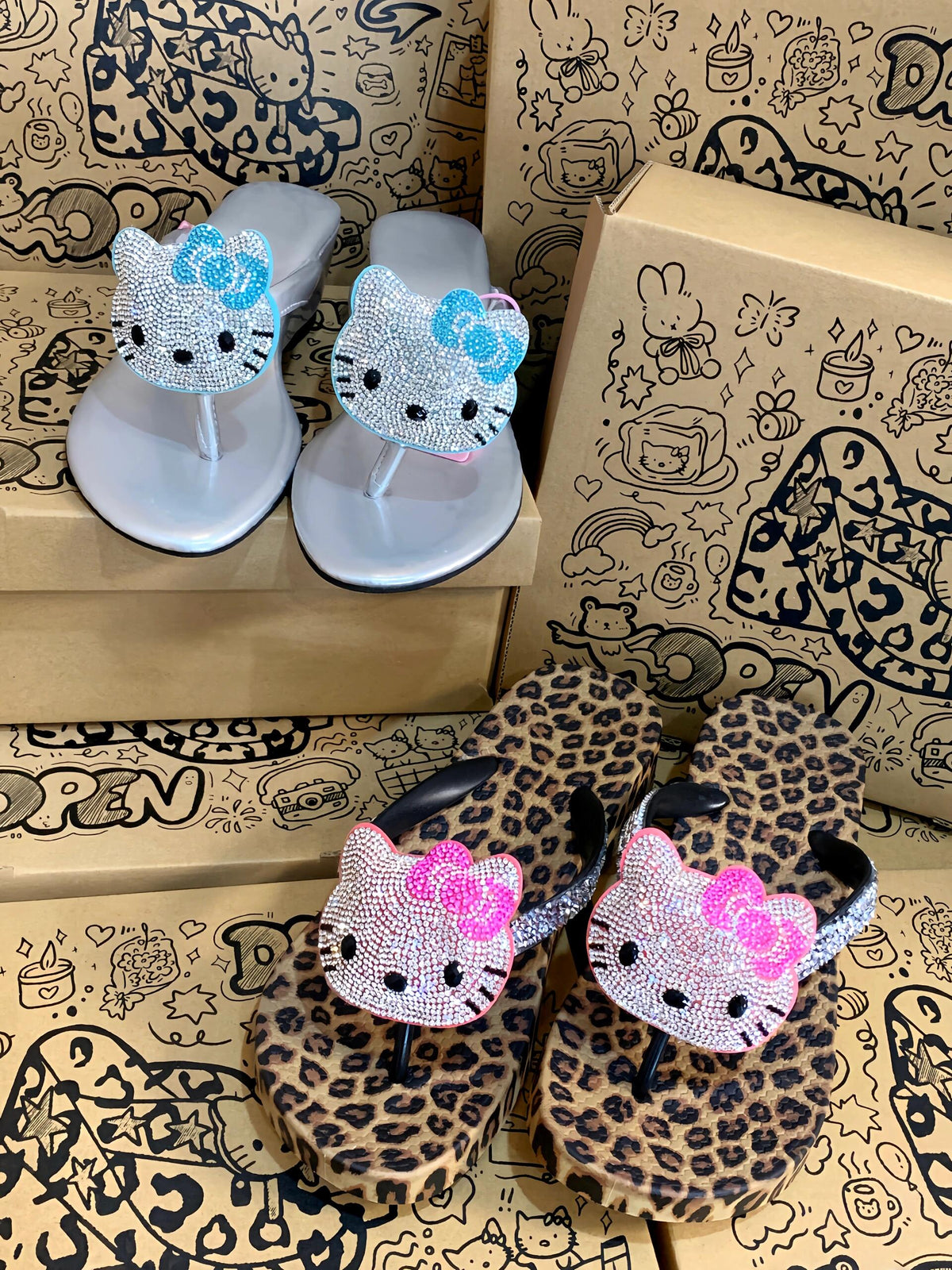 Hellokitty Handmade Rhinestone Leopard Print Women's Sandals Non-Slip Flip Flops