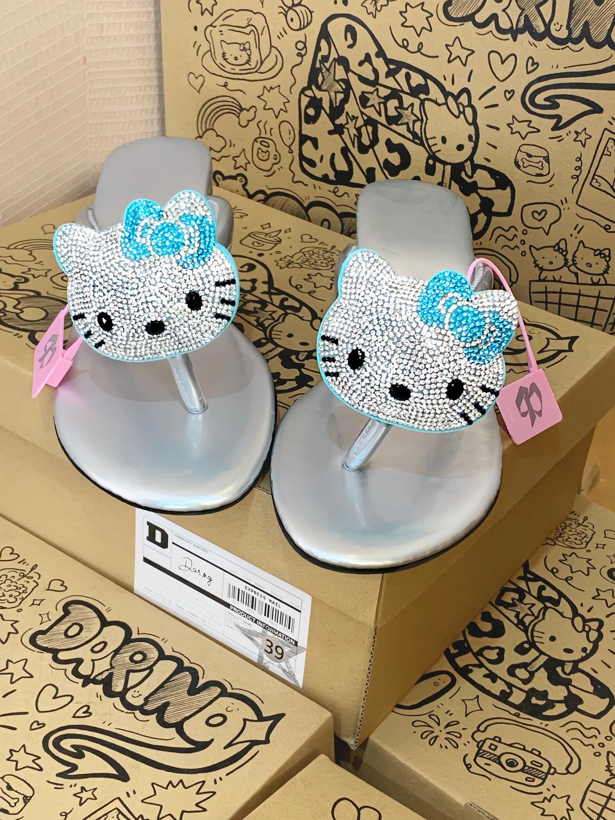 Hellokitty Handmade Rhinestone Leopard Print Women's Sandals Non-Slip Flip Flops