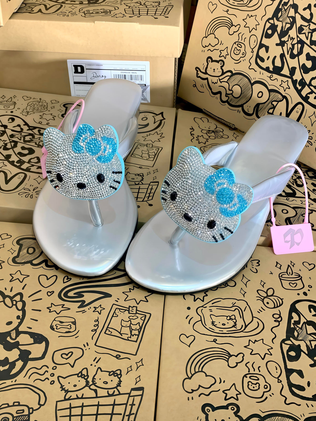 Hellokitty Handmade Rhinestone Leopard Print Women's Sandals Non-Slip Flip Flops
