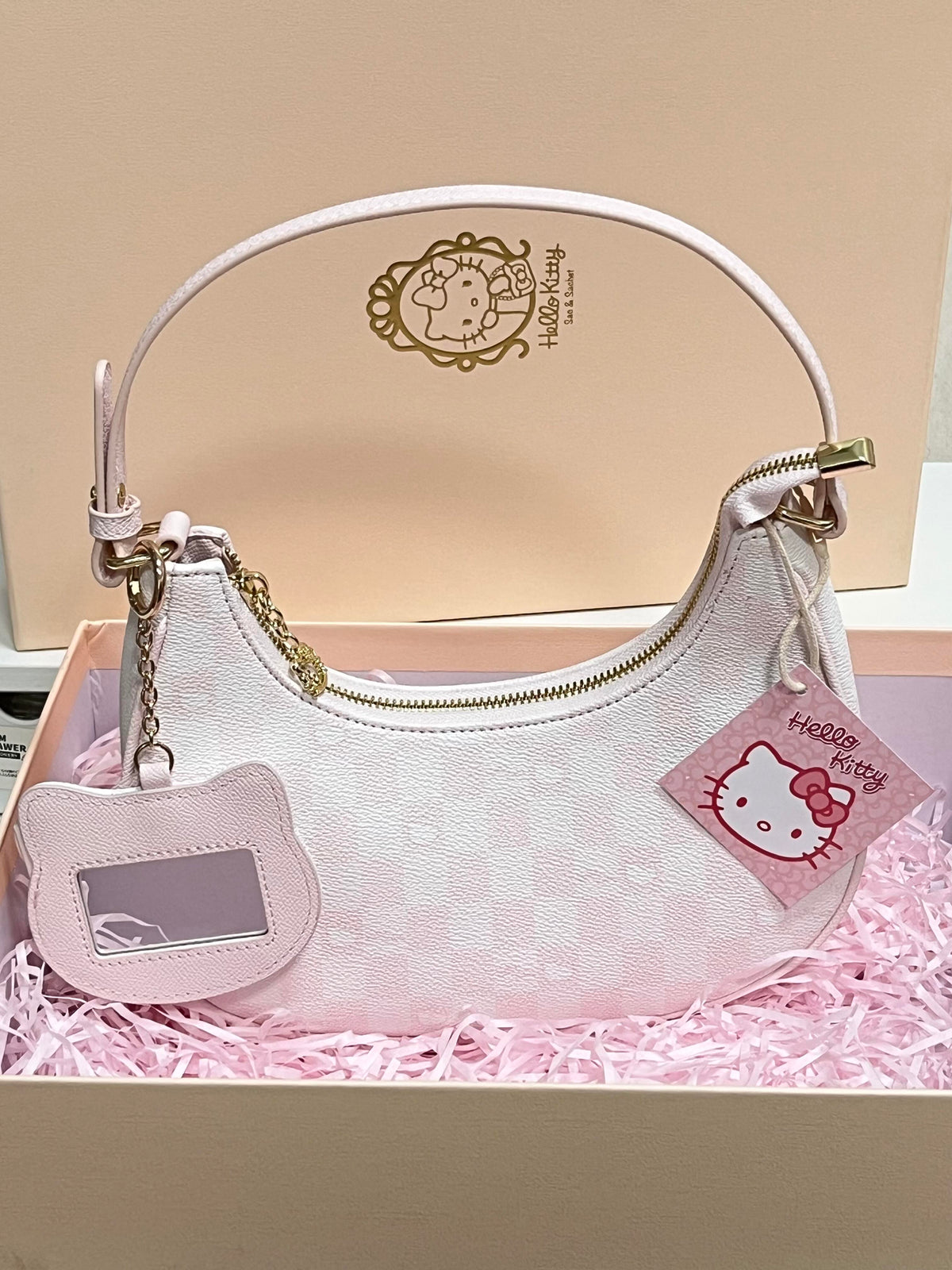 Hellokitty Pink Clutch Tote Purse Handbags With Mirrored Bag Charms