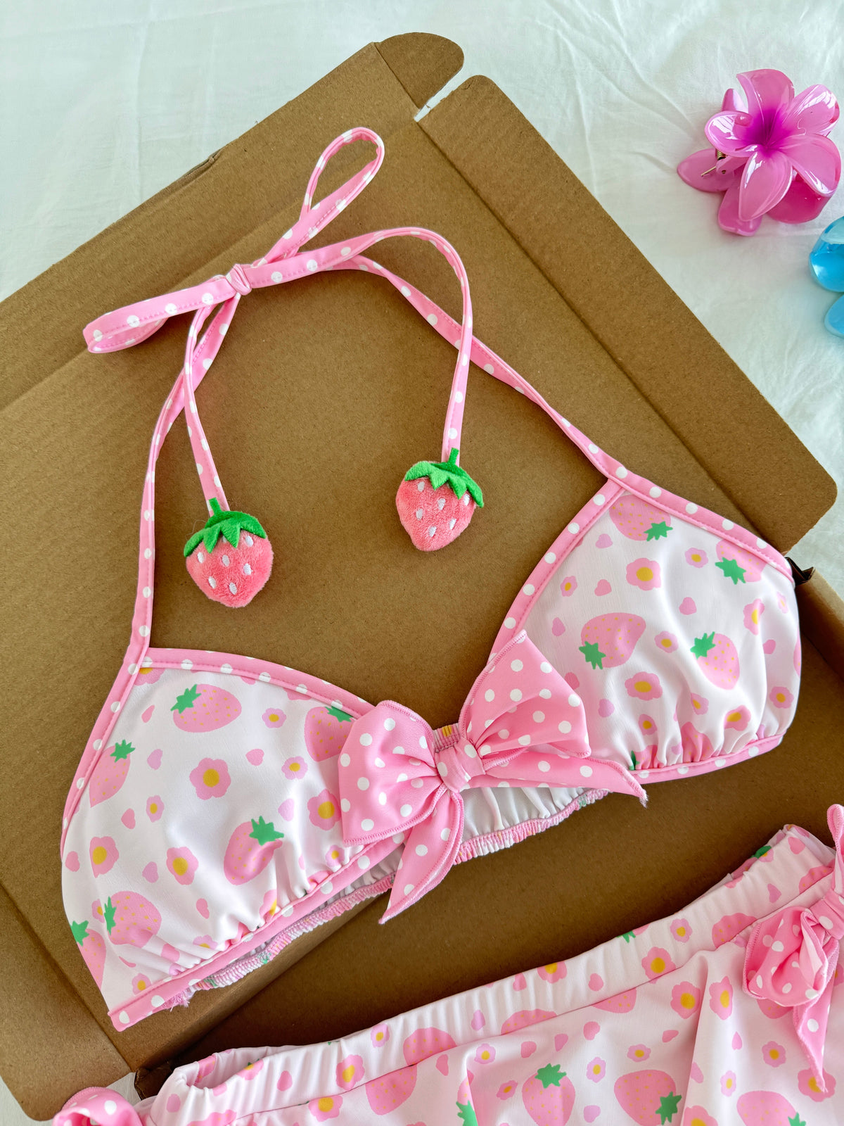 Pink Strawberry 2 Piece Swimsuit Bathing Suit Lace-up Top Ruffled Floral Summer Swimwear