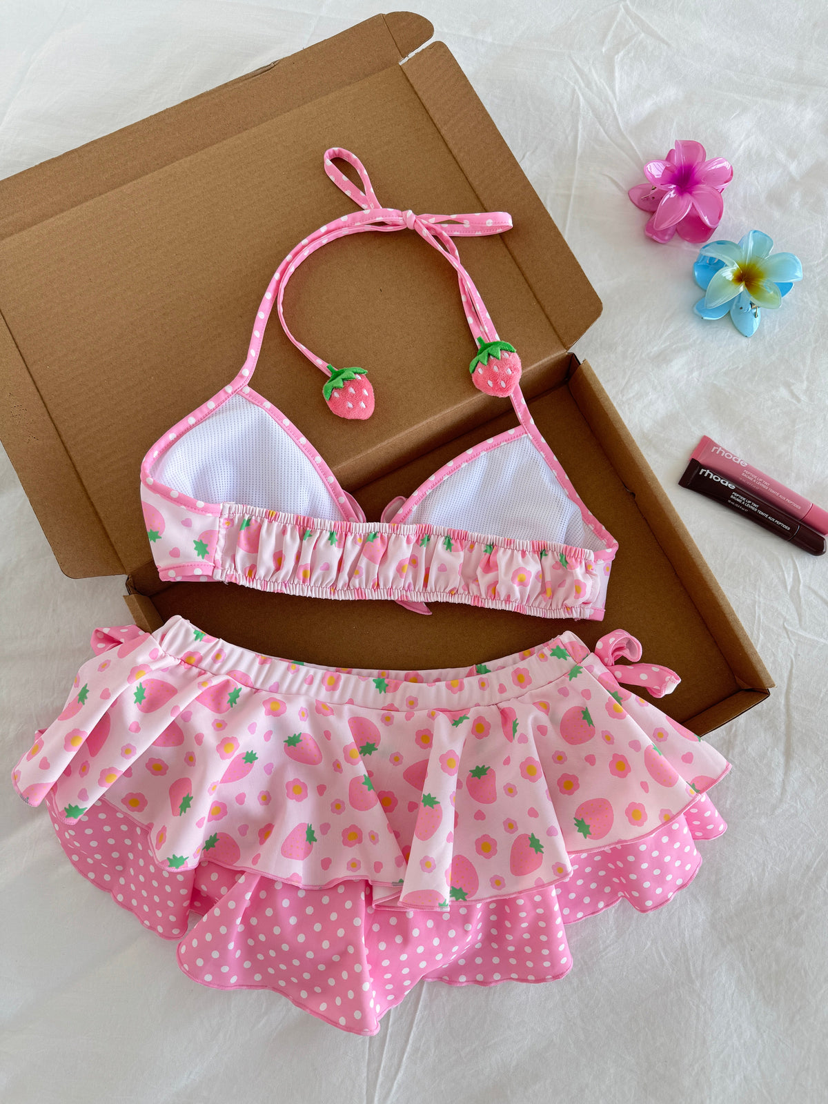 Pink Strawberry 2 Piece Swimsuit Bathing Suit Lace-up Top Ruffled Floral Summer Swimwear