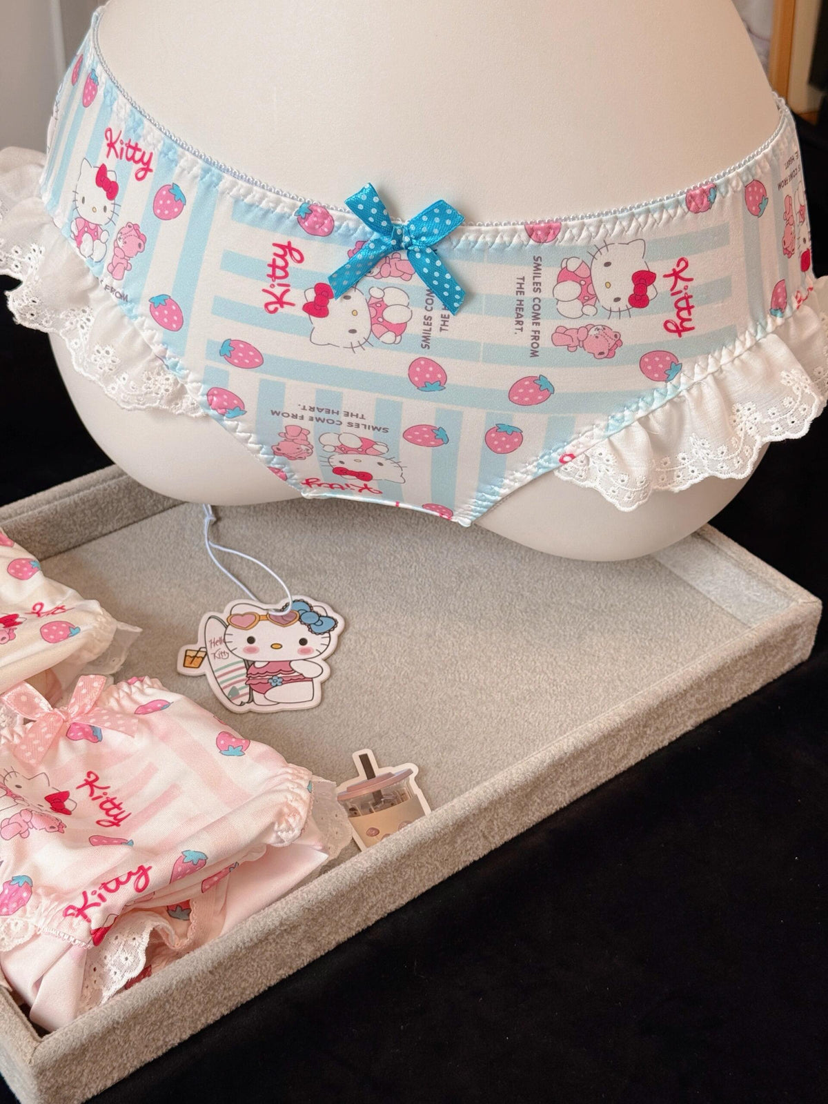 Strawberry Hellokitty Lace Trim Cotton Underwire Cute Push Up Strappy Lingerie Set Panty Bra