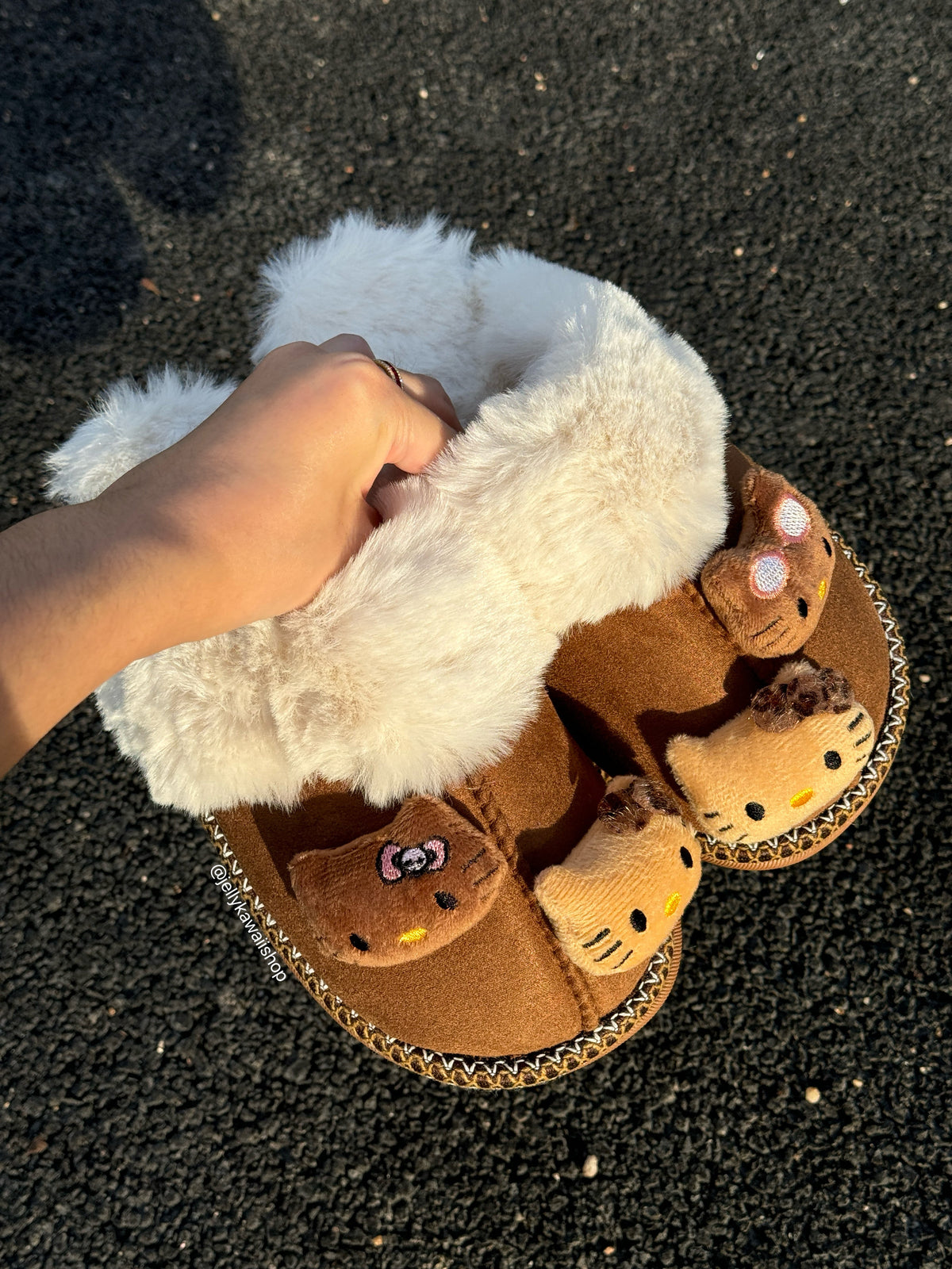 Hellokitty Fuzzy Brown Slippers Fluffy Winter Shoes