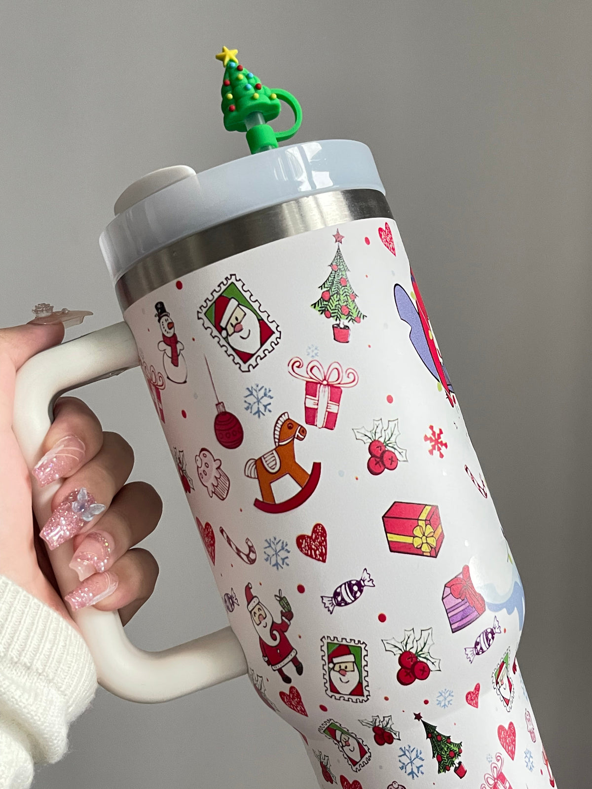 SipSweetie｜Christmas Stitch In-Car Insulated Cup 1200 ml Tumbler with Handle Stainless Steel Insulated Cup with Lid #0006
