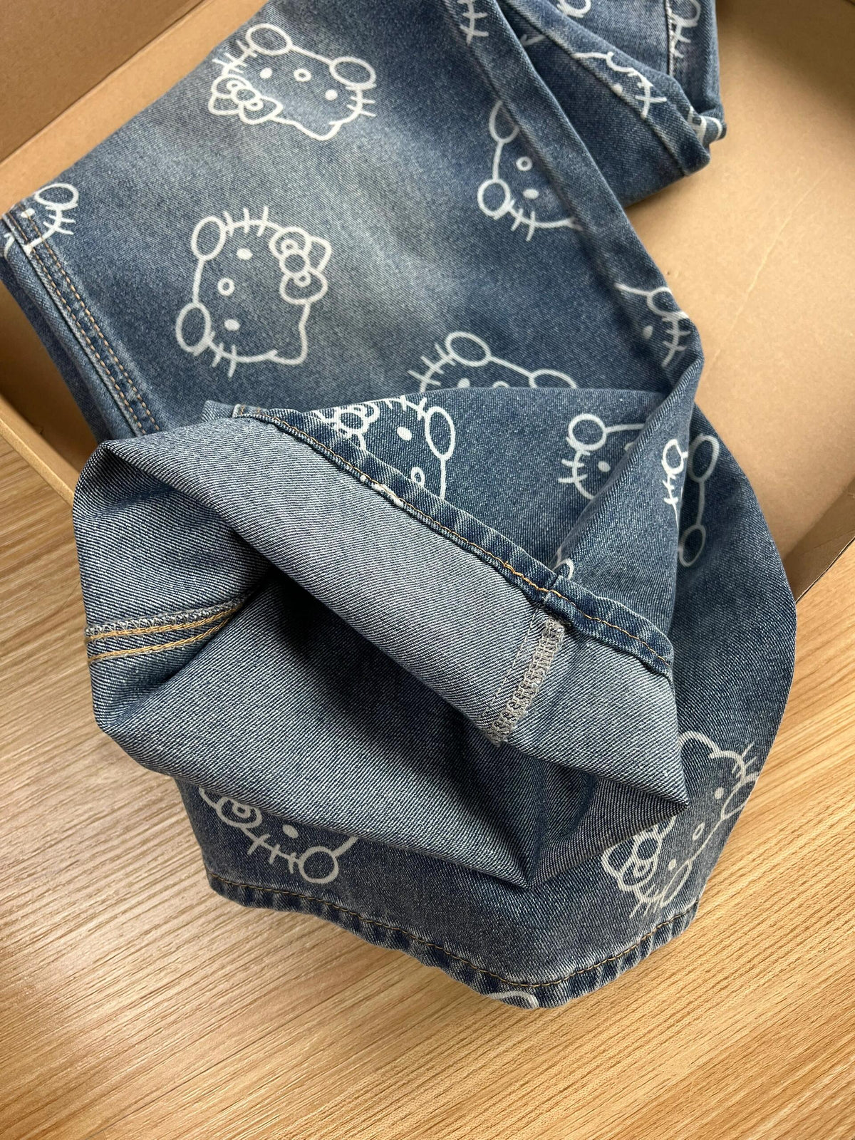 Hellokitty Embroidery Wide Leg Jeans High Waist Baggy Jeans Denim Pants