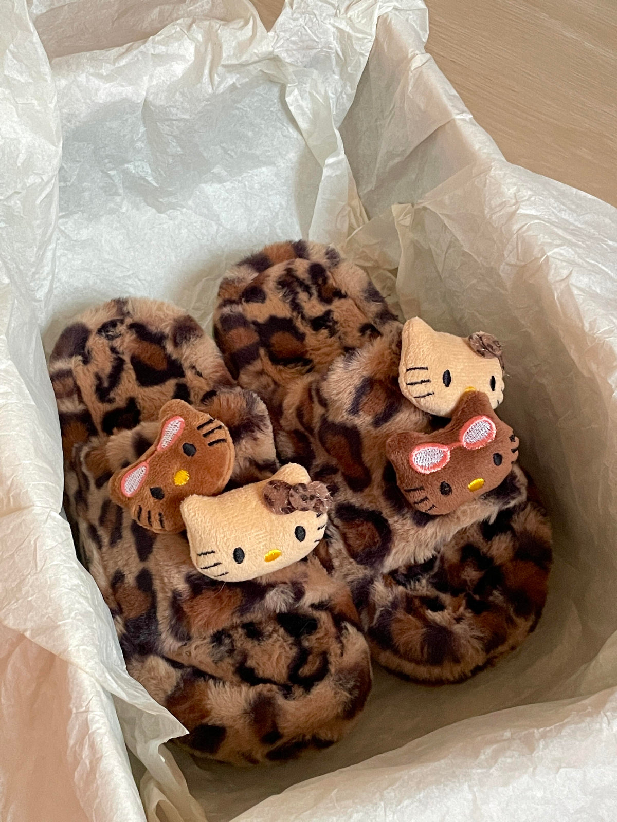 Hellokitty Leopard Print Plush High-Heeled Fluffy Slippers