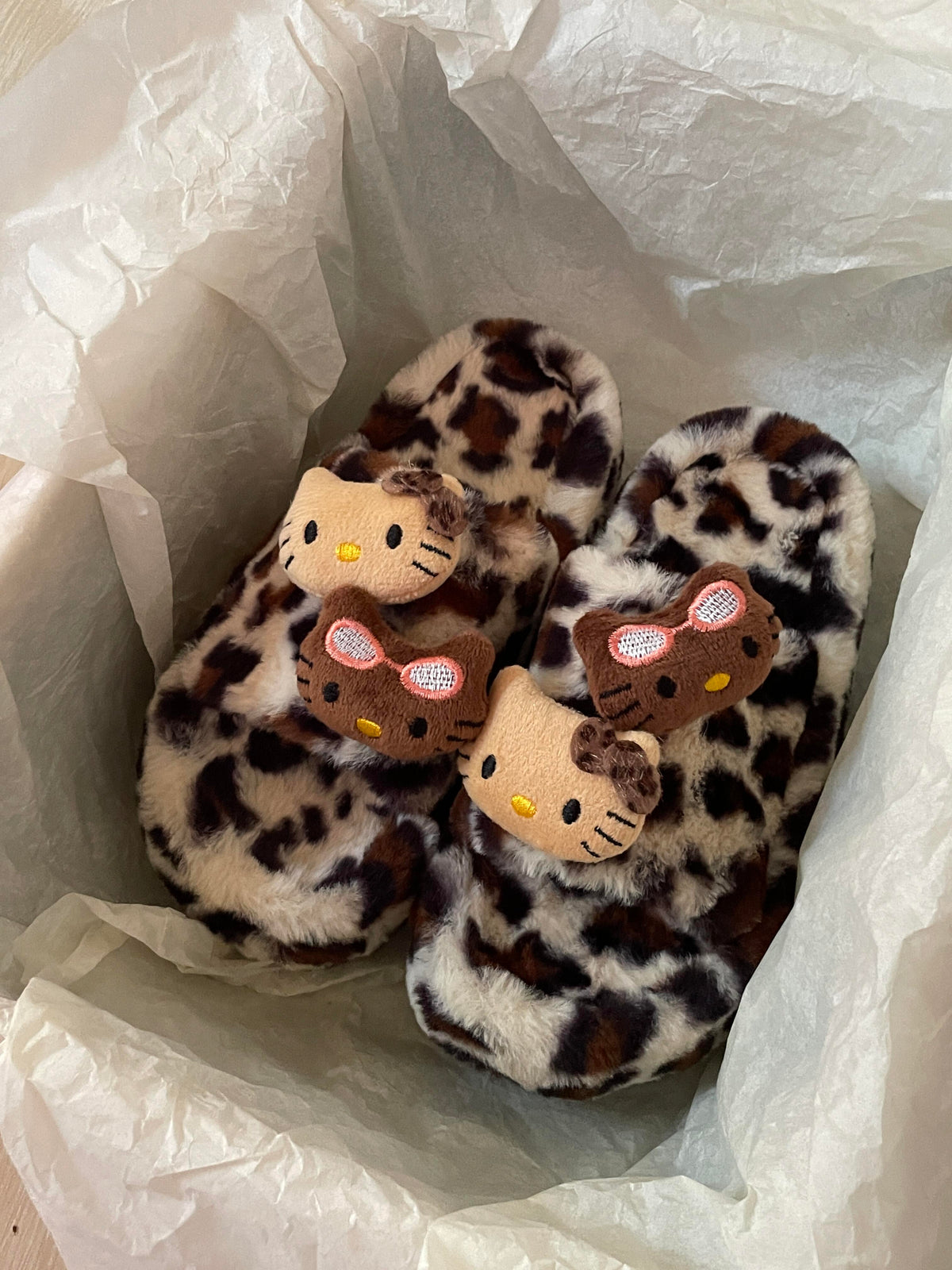 Hellokitty Leopard Print Plush High-Heeled Fluffy Slippers