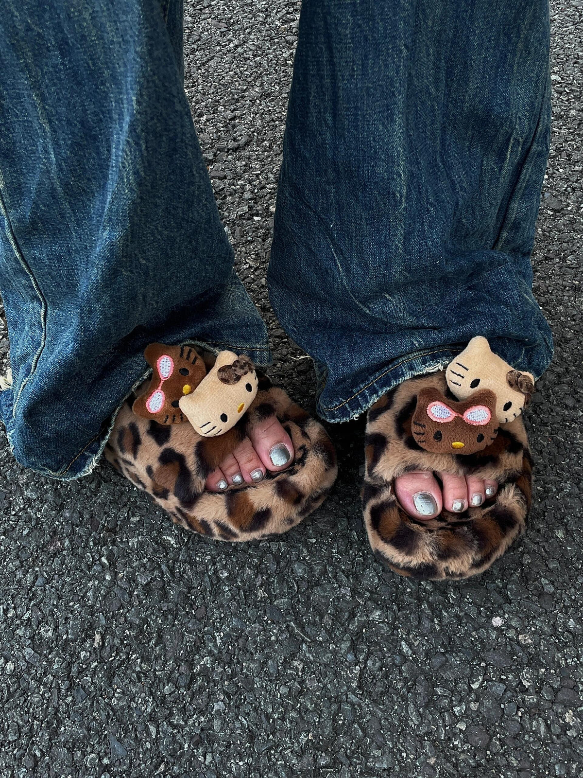 Hellokitty Leopard Print Plush High-Heeled Fluffy Slippers