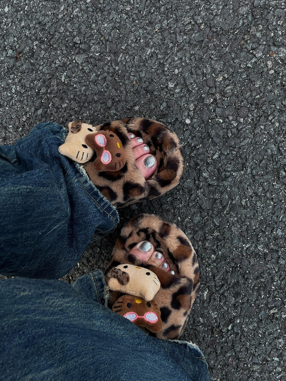 Hellokitty Leopard Print Plush High-Heeled Fluffy Slippers