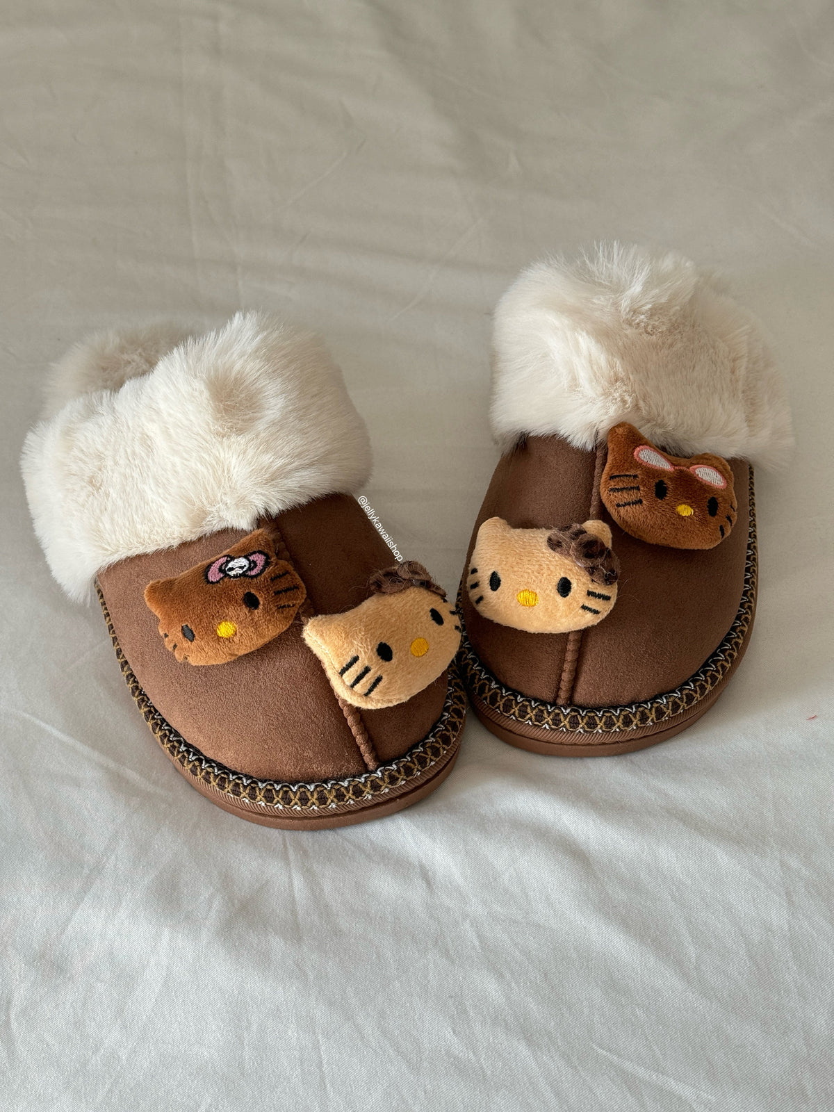 Hellokitty Fuzzy Brown Slippers Fluffy Winter Shoes