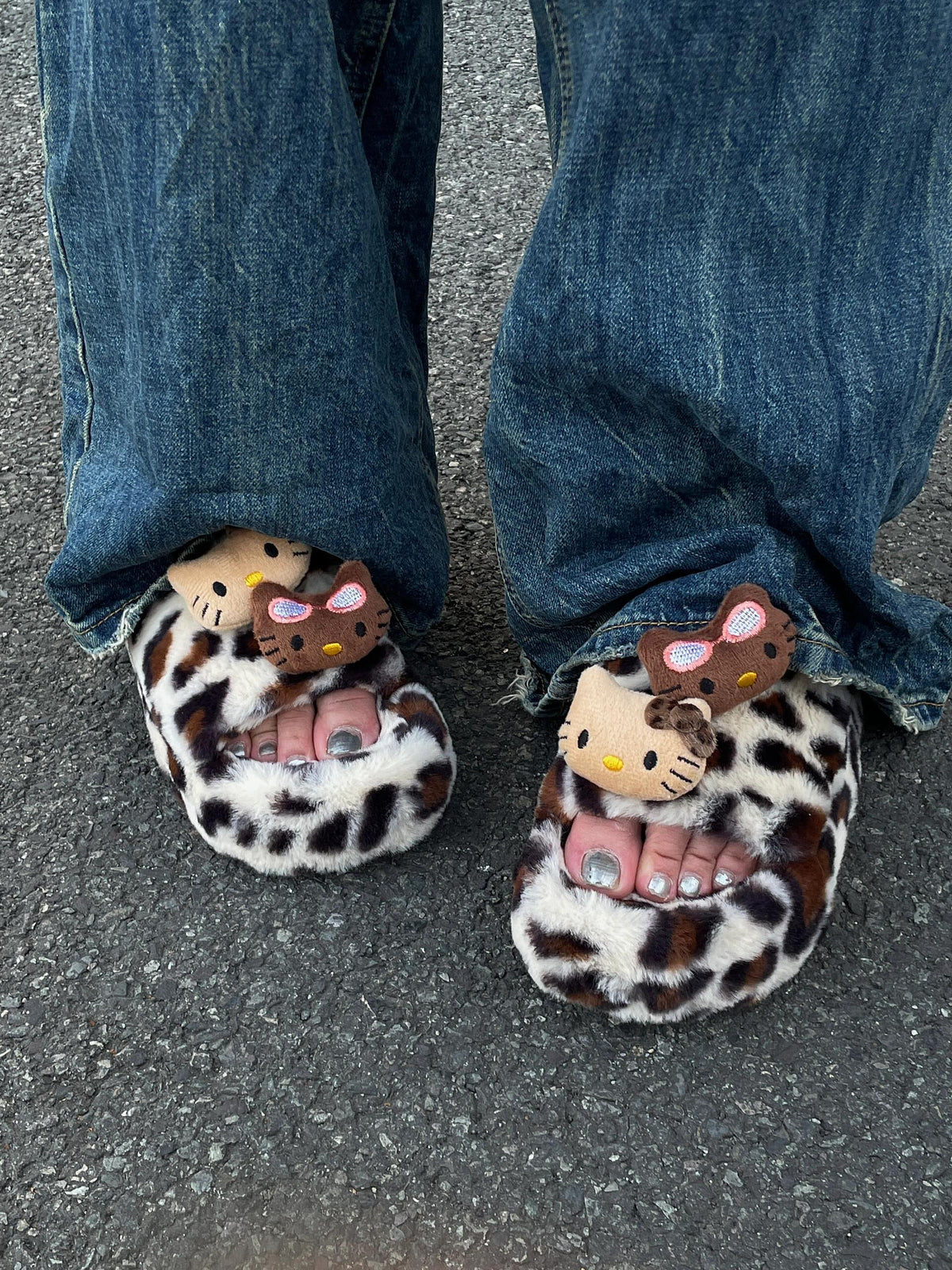 Hellokitty Leopard Print Plush High-Heeled Fluffy Slippers