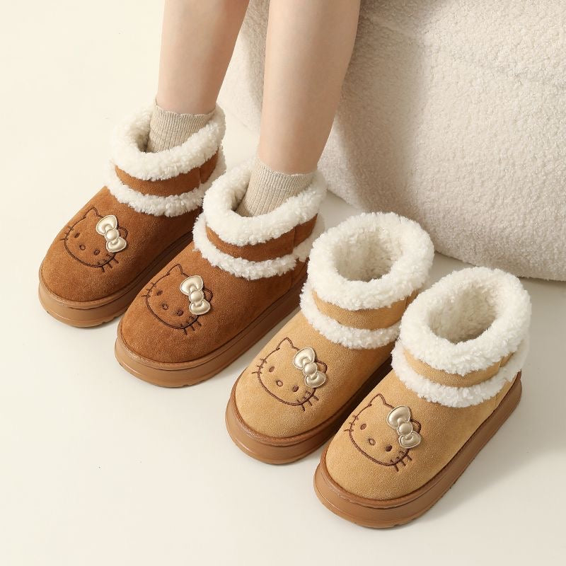 Hellokitty Pompon Lace Up Fur Winter Snow Boots Fluffy Boots Shoes