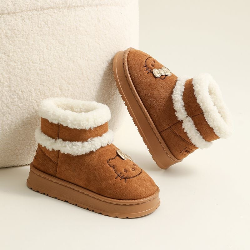 Hellokitty Pompon Lace Up Fur Winter Snow Boots Fluffy Boots Shoes