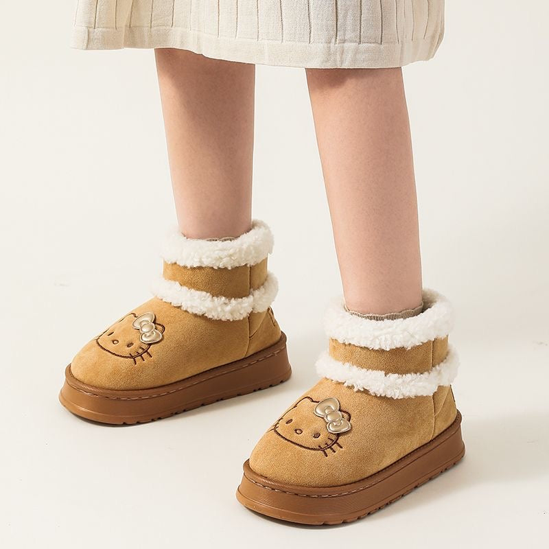 Hellokitty Pompon Lace Up Fur Winter Snow Boots Fluffy Boots Shoes