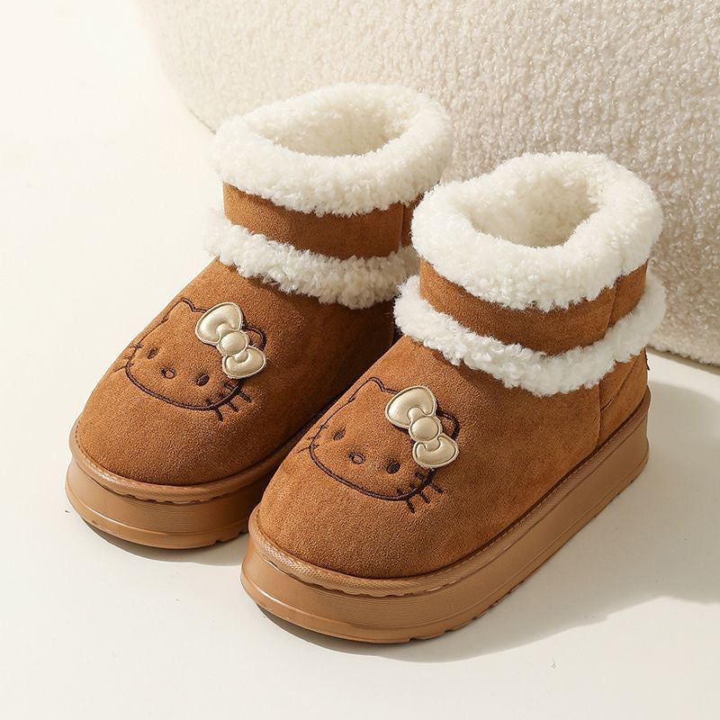 Hellokitty Pompon Lace Up Fur Winter Snow Boots Fluffy Boots Shoes