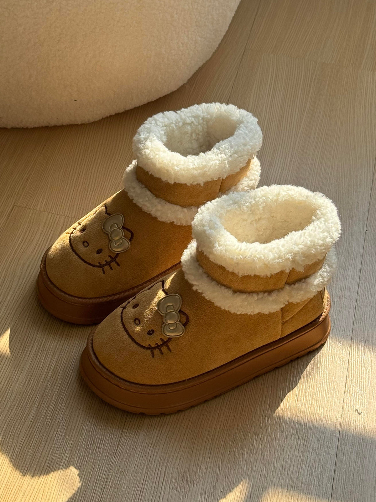 Hellokitty Pompon Lace Up Fur Winter Snow Boots Fluffy Boots Shoes