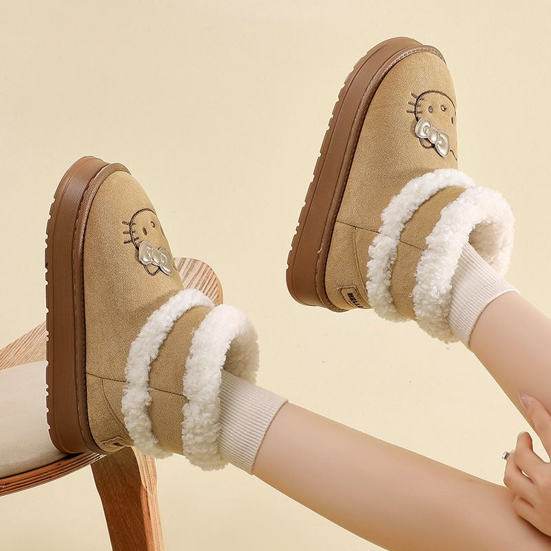 Hellokitty Pompon Lace Up Fur Winter Snow Boots Fluffy Boots Shoes