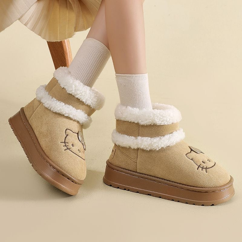Hellokitty Pompon Lace Up Fur Winter Snow Boots Fluffy Boots Shoes