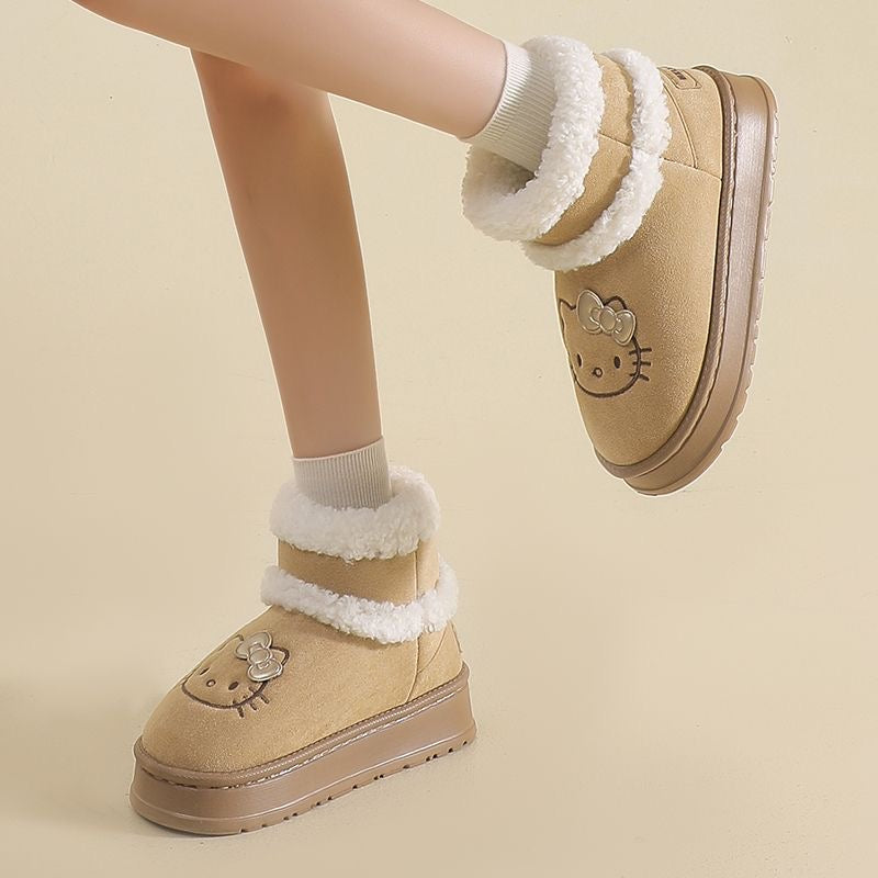 Hellokitty Pompon Lace Up Fur Winter Snow Boots Fluffy Boots Shoes