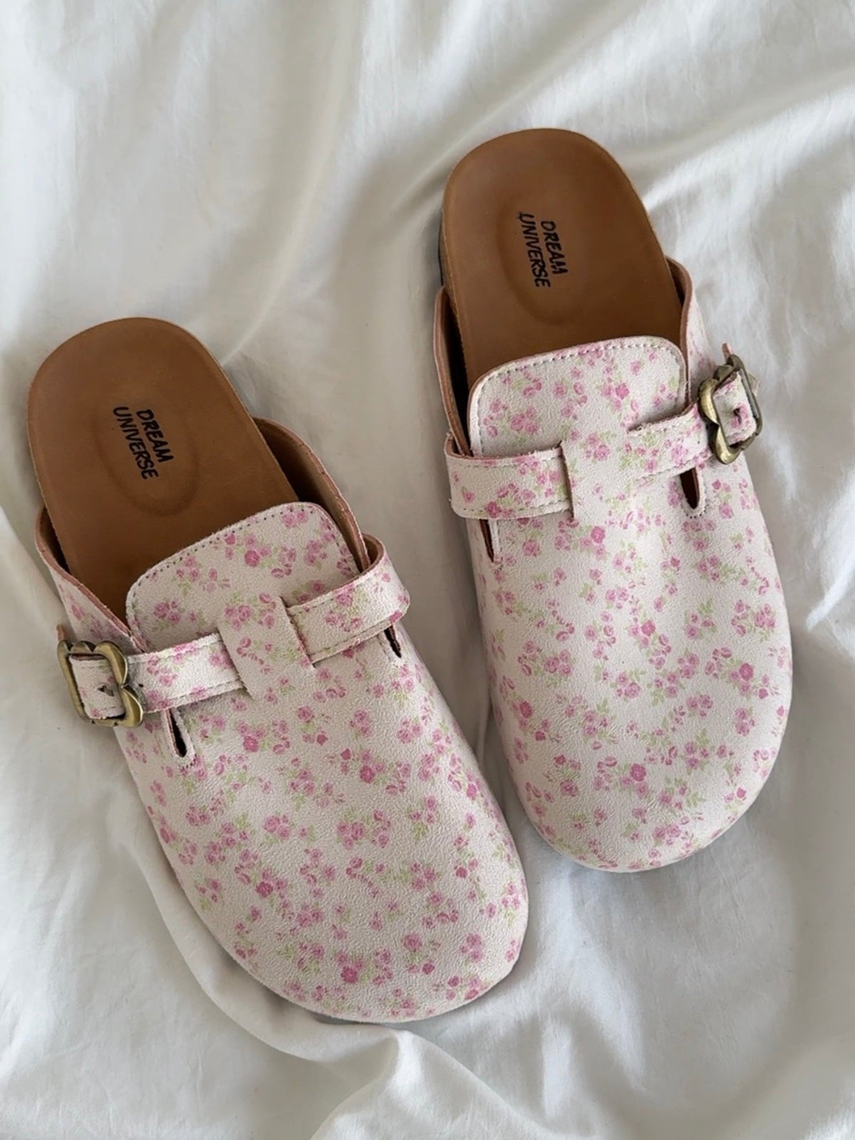 Floral Print Suede Clogs Leather Mules Cork Footbed Sandals Potato Shoes with Arch Support
