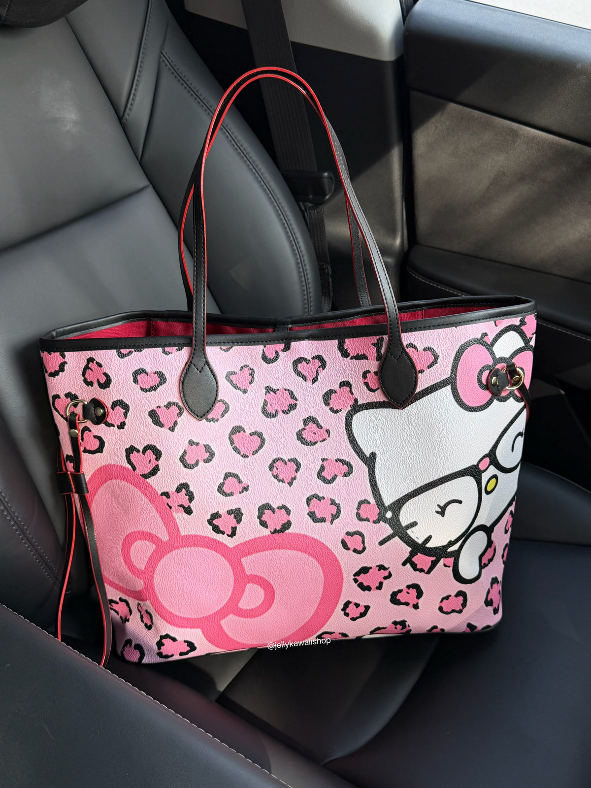 Hellokitty Pink Leopard Print Pu Leather Tote Bag
