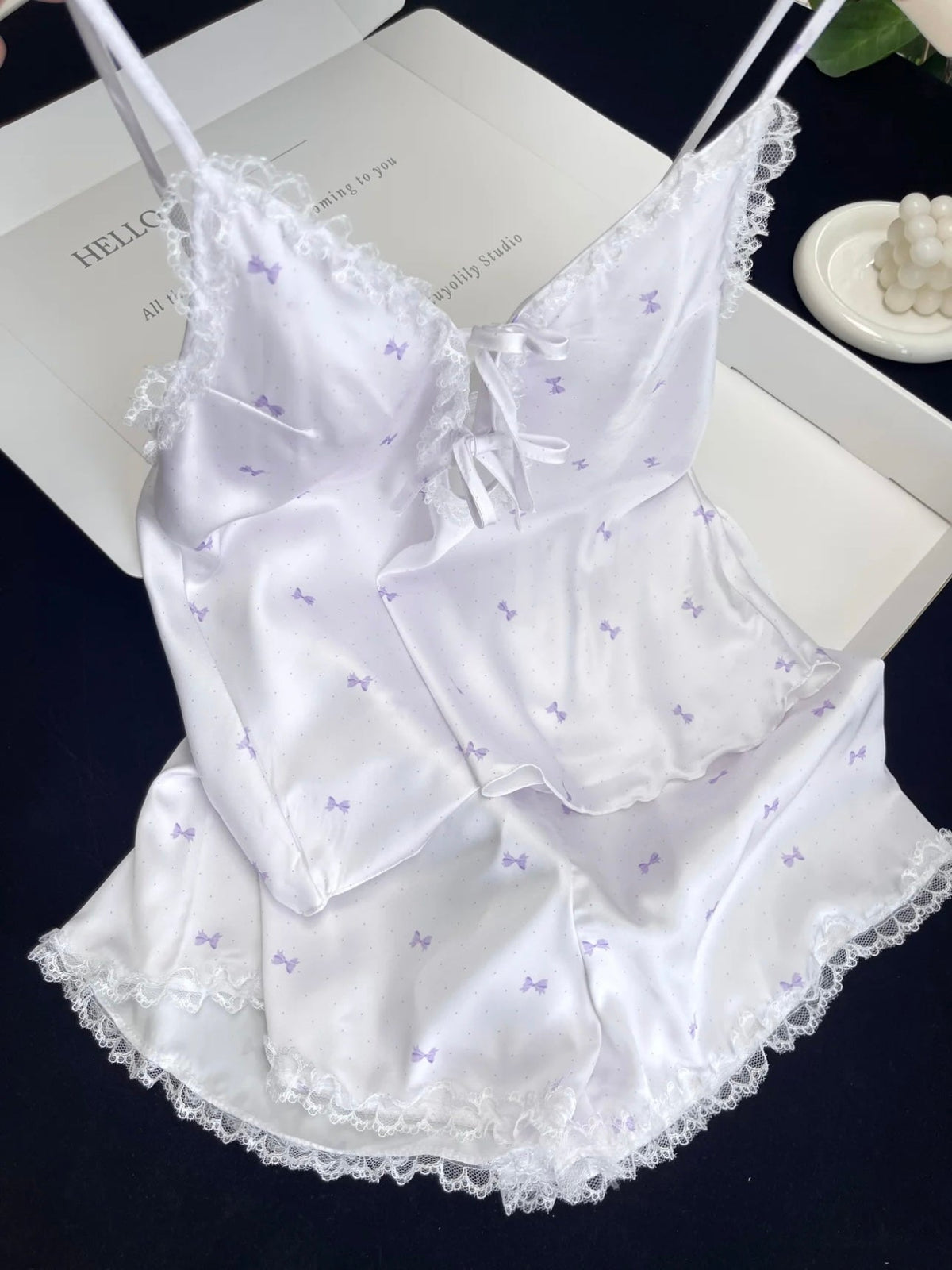 Pink Bow Print Satin Pajama Set for Women 2 Piece Silky Lingerie Sleepwear Camisole Pj Shorts Set Soft Nightwear