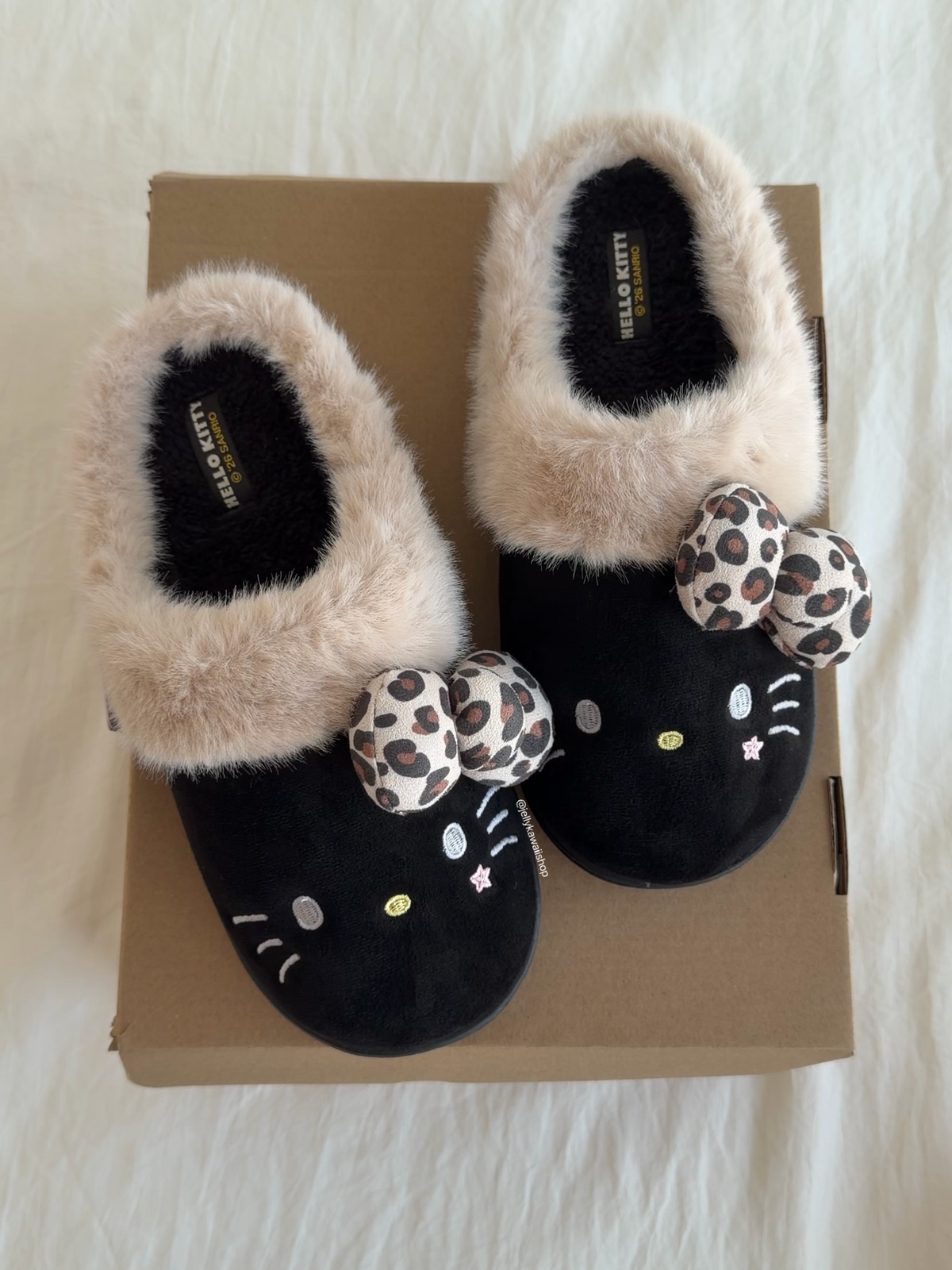 Hello Kitty Leopard Print Bow Fuzzy Slippers